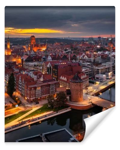 Aerial view of the beautiful main city in Gdansk at dusk, Poland