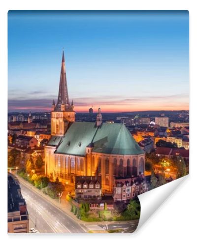 Szczecin, Poland. Aerial view of Archcathedral Basilica of St. James the Apostle at dusk