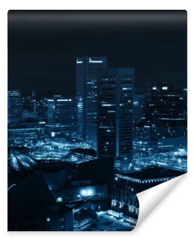 Baltimore inner harbor district rooftop view at night with urban buildings.