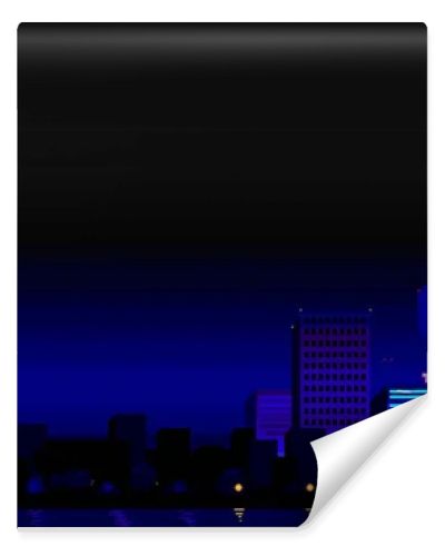 Futuristic night city. Downtown, digital cityscape with skyscrapers. Retrowave 80s-90s aesthetics. Pixel art game location. Old style video game. Copy space