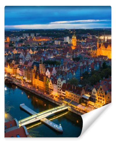 Aerial view of the Gdansk city over Motlawa river with amazing architecture at dusk,  Poland