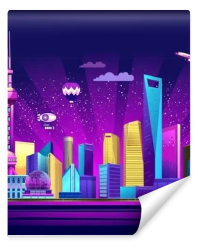 Vector horizontal illustration of the embankment of the night Chinese city Shanghai in neon glow with skyscrapers houses buildings in the sky plane, helicopter and airship, banner