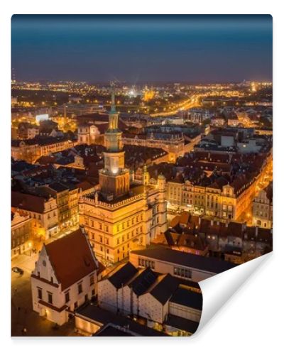 Evening aerial view on Poznan main square and old town. Poznan, Wielkopolska, Poland