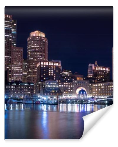 Boston Harbor and Financial District skyline at night - Boston, 