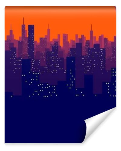 Illustrative concept of a city during sunset or sunrise. View of the silhouettes of multi-storey buildings.