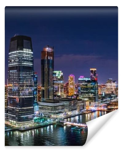 Aerial panorama of Jersey City skyline at night