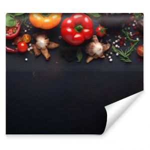 Food background at black kitchen table, Ingredients for cooking, vegetarian food. Long banner format.