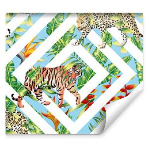 tiger leopard seamless tropical leaves geometrical background