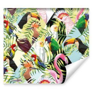 Patchwork tropical birds palm leaves multicolor background