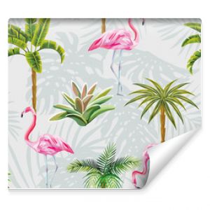 Flamingo palm trees cactus seamless grey background with leaves