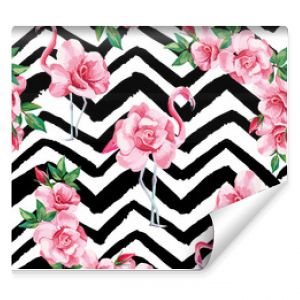 Flamingo roses seamless pattern black white zigzag background