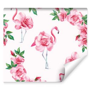 Flamingo roses seamless pattern white background