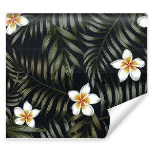 Night background of tropical leaves and flowers seamless pattern