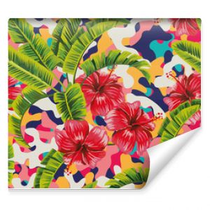 Hibiscus banana leaves multicolor background