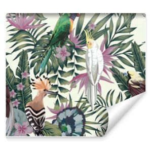 Tropikalne ptaki rośliny liście kwiaty abstrakcyjny kolor bezszwowe tło