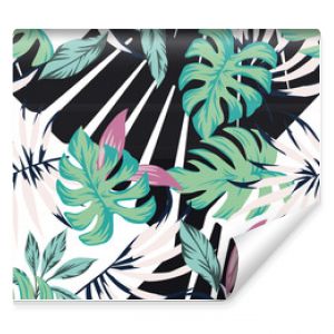 Abstract tropical pattern from leaves black white background