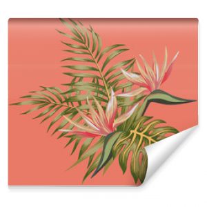 Tropical flowers strelizia and palm leaves composition