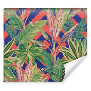 Tropical leaves seamless pattern coral blue background