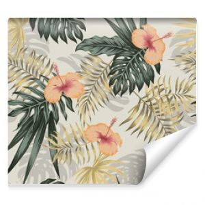 Green gold plants hibiscus seamless beige background