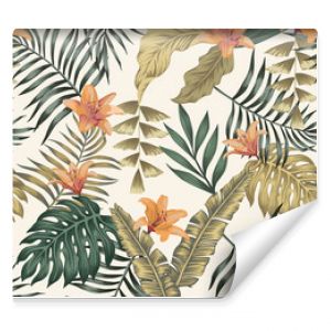 Tropikalne liście i kwiaty abstrakcyjne kolory bez szwu białe tło