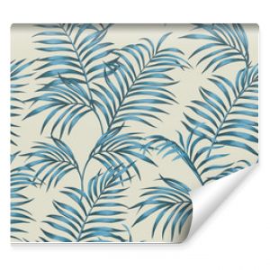 Blue tropical leaves seamless beige background