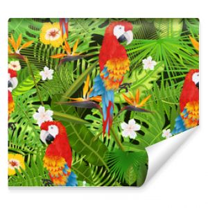 Seamless pattern with exotic tropical leaves, flowers and parrot illustration