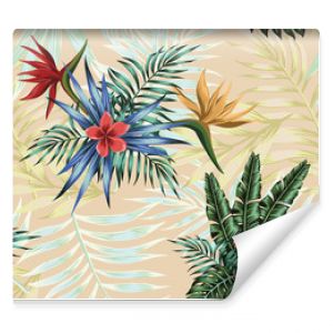Tropical composition flowers leaves seamless pattern background
