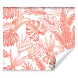 Living coral tropical leaves flowers seamless white background