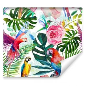 seamless exotic floral pattern with parrots