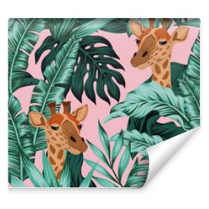 Tropikalne liście żyrafa wzór różowy tło