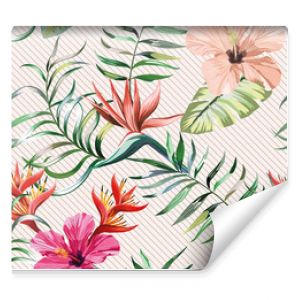 Botaniczny wielokolorowy wzór hibiskusa rajskiego ptaka strelizia i paproci bananowej Palmowe zielone liście na jasnym kol