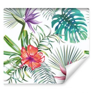 Piękne egzotyczne rośliny tropikalne i rajski ptak hibiskusa kwiaty bez szwu wektor wzór na białym tle