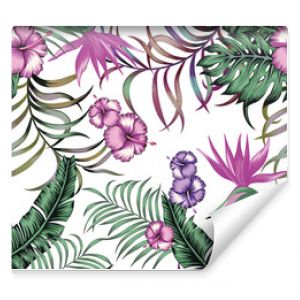 Tropikalne kwiaty liście palmowe hibiskus rajski ptak bez szwu wektor wzór kwiatowy dżungla bujne liście projekt biały deseń