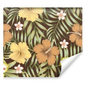 tropical leaves hibiscus frangipani seamless brown background