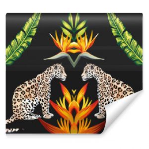 Mirror tigress tropical flowers and leaves black background