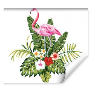 Composition of pink flamingo tropical leaves and flowers white background