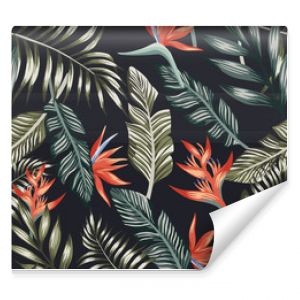 Palm leaves tropical flowers seamless black background