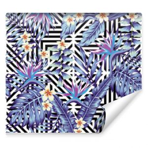 Tropical plants and flowers seamless blue style geometric background