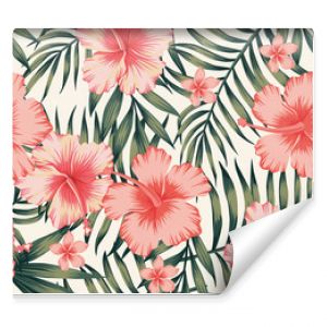 hibiscus pink palm leaves dark green pattern