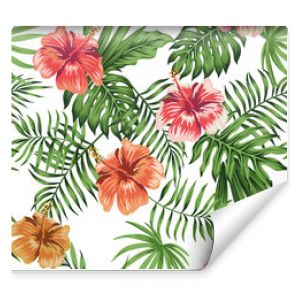 Hibiscus orange red purple seamless white background pattern