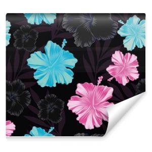 Dark pink blue hibiscus seamless black background