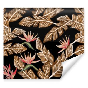 Seamless composition tropical banana leaves and flowers black background