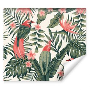 Tropical plants flowers birds abstract colors seamless