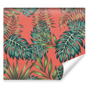 Multicolored tropical leaves seamless living coral background