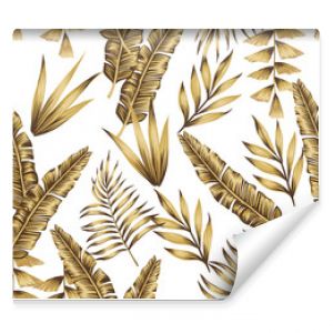 Gold tropical leaves seamless white background