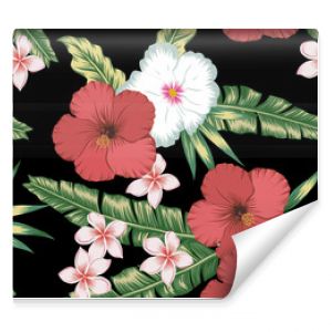 Hibiscus plumeria green leaves seamless black background