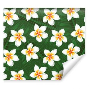 Many plumeria and leaves background seamless