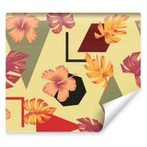 Abstract composition tropical flowers leaves geometric figures
