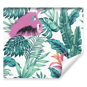 Exotic bird pink flamingo leaves seamless white background