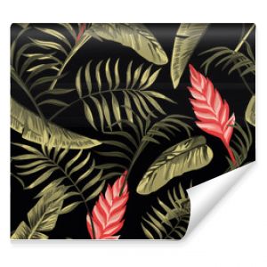 Floral seamless pattern tropical flowers hawaiian black background